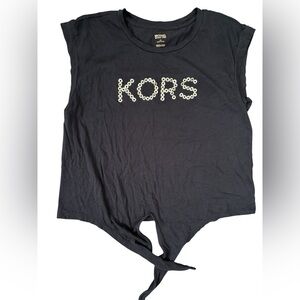 MICHAEL Michael Kors Black Tie-Front Tee with Gold Studded Logo, size LG